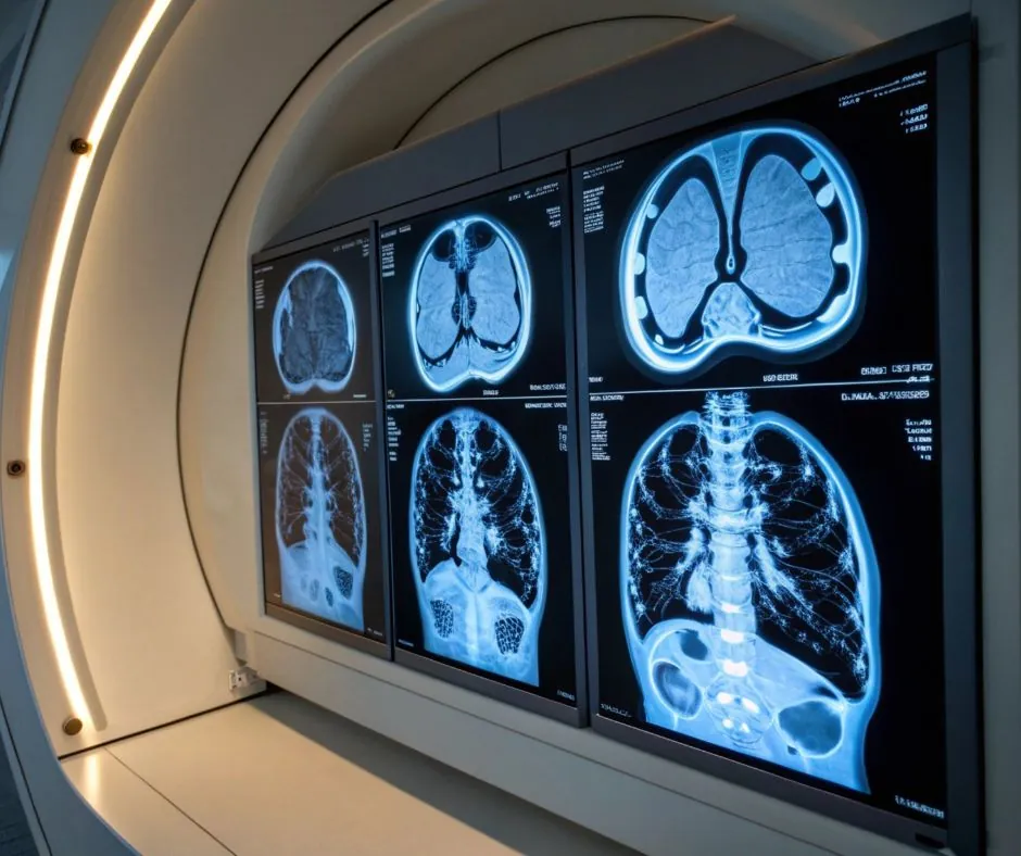 Imaging studies displayed across multiple screens in a reading room