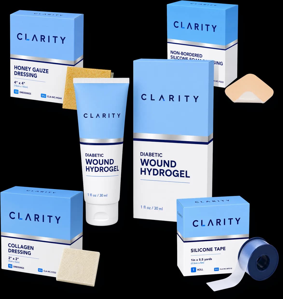 Clarity honey gauze, silicone foam, wound hydrogel, collagen dressing and silicone tape